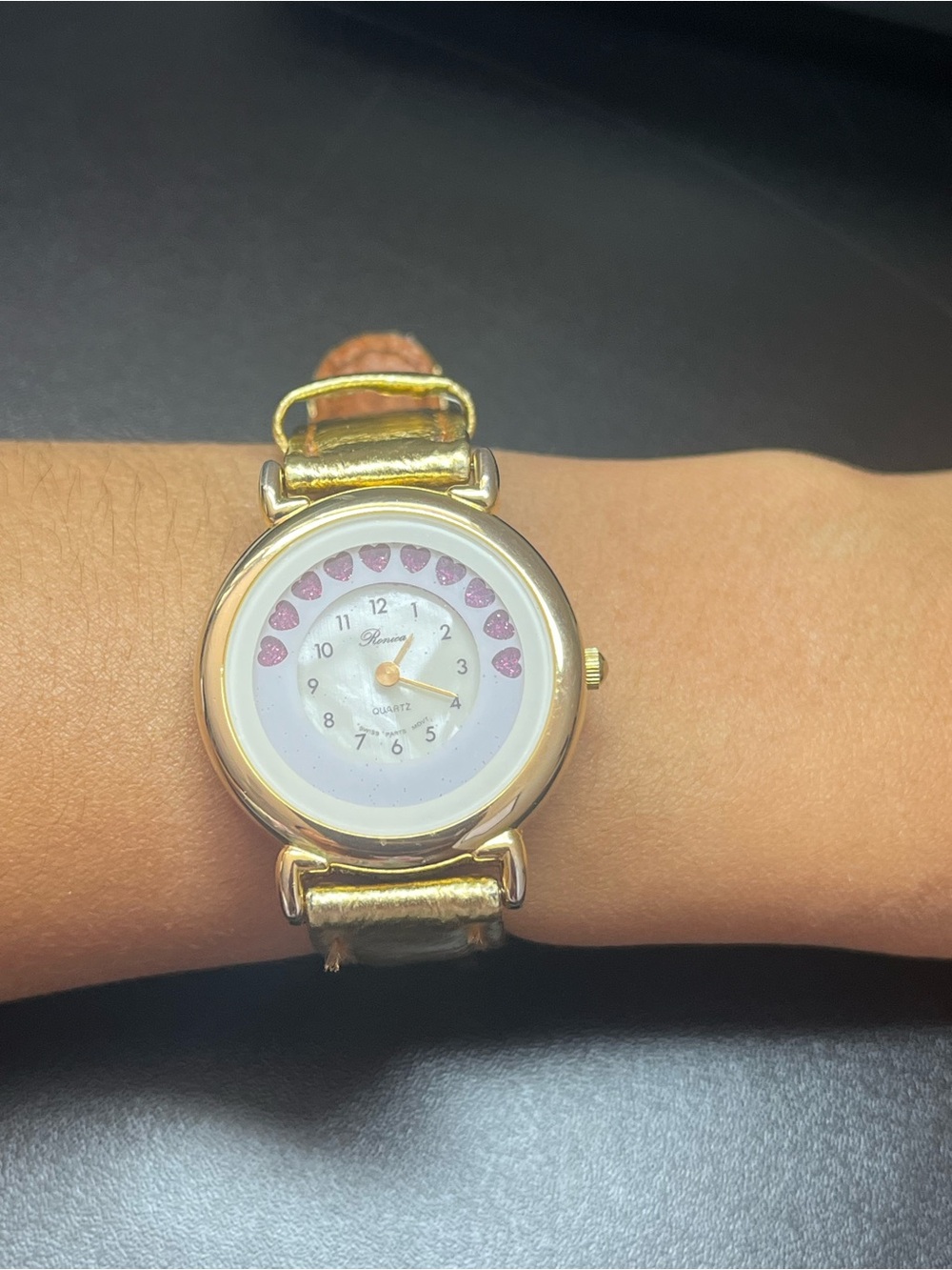 Ronica Gold Tone Women's Quartz Watch with Pink Heart Accents